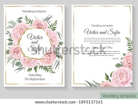 Vector floral template for wedding invitation. Pink roses, eucalyptus, green plants and leaves, asiatic buttercup. 