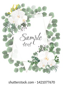 Vector floral template for wedding invitations. Orchid flowers, gold frame, green plants, leaves. All elements are isolated.