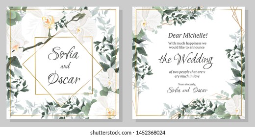 Vector floral template for wedding invitations. Orchid flowers, polygonal gold frame, green plants, leaves. All elements are isolated.