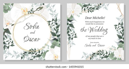 Vector floral template for wedding invitations. Orchid flowers, round gold frame, green plants, leaves. All elements are isolated.