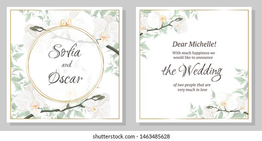 Vector floral template for wedding invitations. Orchid flowers, round gold frame, green plants, leaves. All elements are isolated.