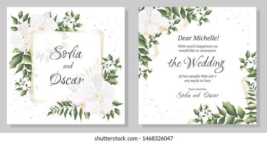 Vector Floral Template For Wedding Invitations. Orchid Flowers, Polygonal Gold Frame, Green Plants, Leaves. All Elements Are Isolated.