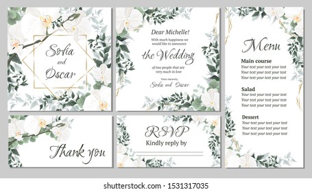 Vector floral template for wedding invitations. Orchid flowers, polygonal gold frame, green plants, leaves. All elements are isolated.  Invitation card, thanks, rsvp, menu. 