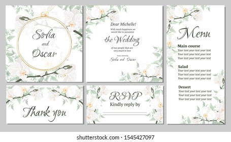 Vector floral template for wedding invitations. Orchid flowers, round gold frame, green plants, leaves. All elements are isolated.  Invitation card, thanks, rsvp, menu. 