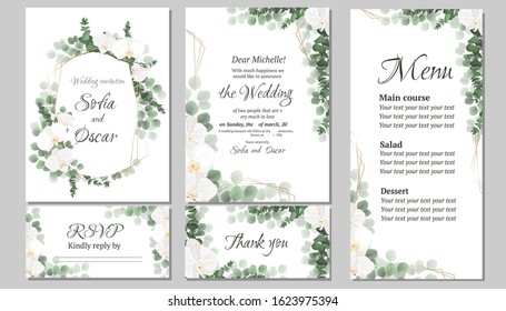 Vector floral template for wedding invitations. Orchid flowers, polygonal gold frame, green plants, leaves. All elements are isolated. Invitation card, thanks, rsvp, menu.