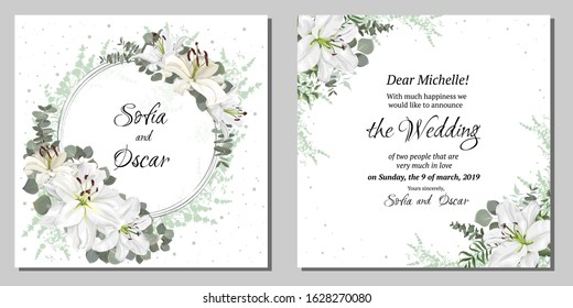 Vector floral template for wedding invitations. White Lily Flowers, round frame, green plants, leaves, eucalyptus. All elements are isolated.