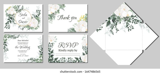Vector floral template for wedding invitations, thank you, rsvp. Orchid flowers, round gold frame, green plants, leaves. All elements are isolated. Wedding envelope template.