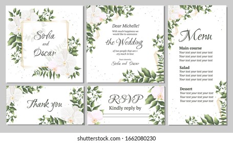 Vector floral template for wedding invitations. Orchid flowers, polygonal gold frame, green plants, leaves. All elements are isolated. Invitation card, thanks, rsvp, menu.