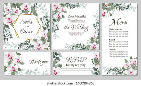 Vector floral template for wedding invitations. Pink royal orchids flowers, polygonal gold frame, green plants, leaves. All elements are isolated. Invitation card, thanks, rsvp, menu.