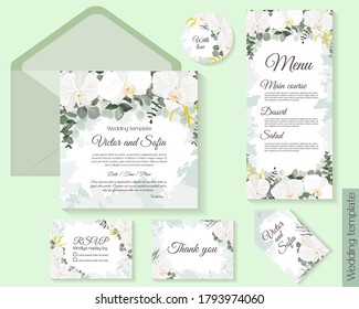 Vector floral template for wedding invitations. Orchid flowers, round gold frame, green plants, leaves. All elements are isolated. Invitation card, thanks, rsvp, menu.