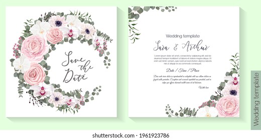 Vector floral template for wedding invitations. Pink roses, white anemones, orchids, berries, gypsophila, eucalyptus, green plants and flowers. Postcard for your text. 