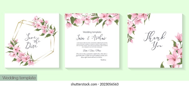 Vector floral template for wedding invitations. Branches of pink sakura, magnolia. 