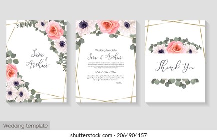Plantilla vectorial floral para invitaciones de boda. rosas rosas rosas, anémonas blancas, eucalipto, plantas verdes y hojas. Postcard para el texto.