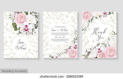 Vector floral template for wedding invitations. Pink roses, white orchids, berries, gypsophila, eucalyptus, green plants and flowers. Postcard for your text.