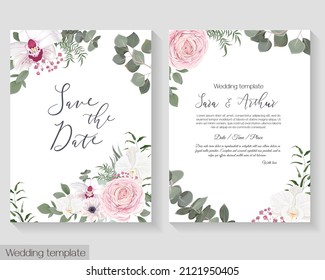 Plantilla vectorial floral para invitaciones de boda. rosas rosas, orquídeas blancas, bayas, gitophila, eucalipto, plantas verdes y flores. Postcard para el texto.