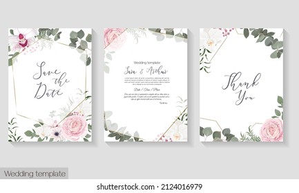 Vector floral template for wedding invitations. Pink roses, white orchids, berries, gypsophila, eucalyptus, green plants and flowers. Postcard for your text.