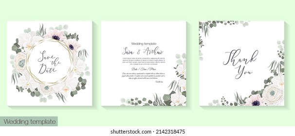 Vector floral template for wedding invitations. White orchids, anemones, roses, ranunculus, eucalyptus, green herbs and plants, round polygonal frame. 