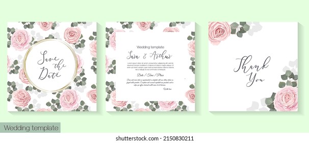 Vector floral template for wedding invitations. Pink roses, eucalyptus, gold frame. Floral pattern on invitation card