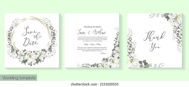 Vector floral template for wedding invitations. White lilies, eucalyptus, wicker plants, green leaves and grasses. Golden polygonal circular frame 