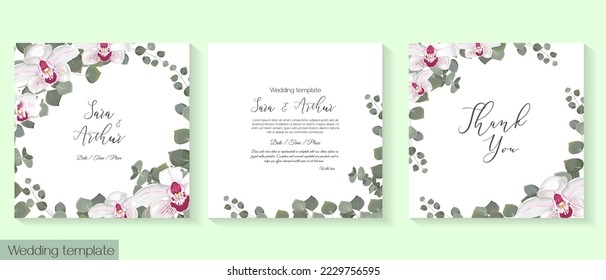 Vector floral template for wedding invitations. Delicate white and pink orchids, royal big flowers.