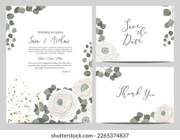 Vector floral template for wedding invitations. White ranunculus, eucalyptus, green leaves and plants, roses, glitter. 