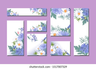 Vector floral templates with cute blue and white flowers. For romantic and easter design, announcements, greeting cards, posters, advertisement. Blue chicory, white camomiles, green leaves, lavender.