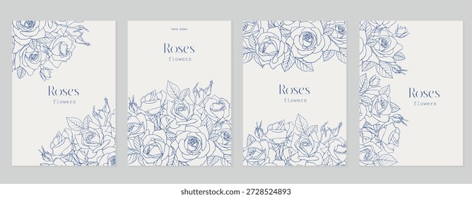 Modelos florais vetoriais para cartão de saudação de design, convite, decoração de casamento, feriado, presente. Linhagem arte Vintage coleção buquê flores de rosas. Azul bege. Delicado ilustração desenhada à mão