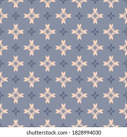 Vector floral texture. Geometric seamless pattern with small flower silhouettes, crosses. Simple abstract background. Elegant ornament in pink and soft blue color. Repeat design for decor, textile