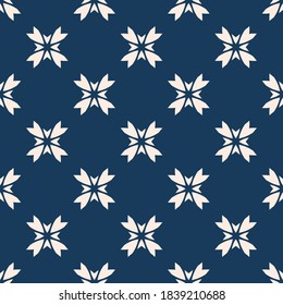 Vector floral texture. Geometric seamless pattern with small flower silhouettes, crosses. Vector abstract background. Simple dark blue ornament. Elegant repeat design for decor, wallpapers, fabric