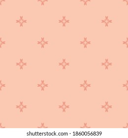 Vector floral texture. Geometric seamless pattern with small flower silhouettes, crosses. Simple abstract background. Subtle ornament in coral pink color. Repeat design for decor, wallpaper, textile