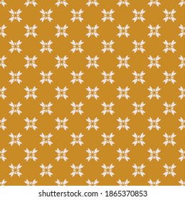 Vector floral texture. Geometric seamless pattern with small flower silhouettes, crosses. Vector abstract background. Simple ornament in mustard yellow color. Elegant repeat design for decor, wrapping