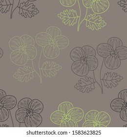 Vector floral texture pattern in brown and green. Simple outline pansy flower bush hand drawn made into repeat. Great for background, wallpaper, wrapping paper, packaging, fashion.
