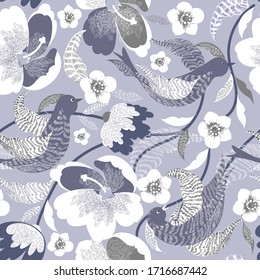 Vector floral texture pattern with flowers and birds. Seamless pattern can be used for wallpaper, pattern fills, web page background, surface textures