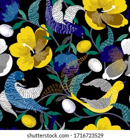 Vector floral texture pattern with flowers and birds. Seamless pattern can be used for wallpaper, pattern fills, web page background, surface textures