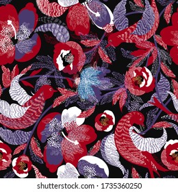 Vector floral texture pattern with flowers and birds. Seamless pattern can be used for wallpaper, pattern fills, web page background, surface textures