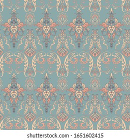 Impresión texturizada Vector Floral. Patrón vintage sin sello de Damasco. Se puede utilizar para papel tapiz, tela, invitación