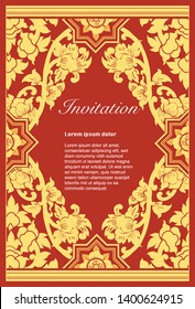 Vector of Floral Thai lines art vintage illustration for Invitation template, background and frame border. Design in red and gold tone color