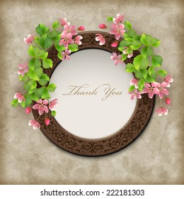 Vector floral Thank you card with frame border, flower arrangement, green leaves on textured background in retro style