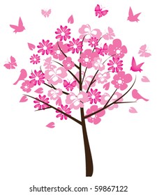 vector floral tree with birds and butterflies