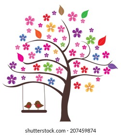 vector floral tree with birds swinging