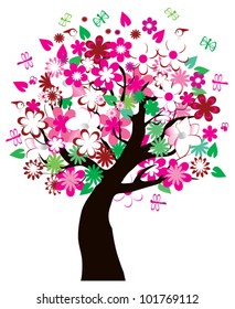 vector floral tree with bugs and birds