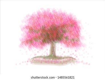 Vector floral tree design ; the beautiful pink Rhododendron tree. Wedding card. Birthday card. Hand drawn watercolour illustration vector.