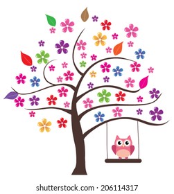 vector floral tree with owl swinging