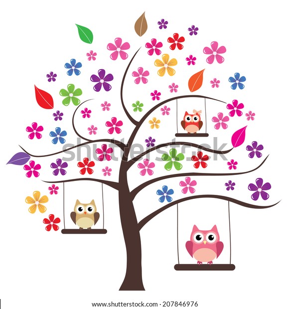 Vector Floral Tree Owl Swinging Stock Vector Royalty Free 207846976 