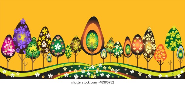 Vector floral trees design. A landscape with abstract trees