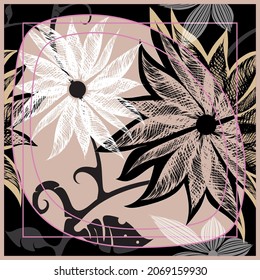 Vector floral trendy square pattern for shawl, scarf, hijab design. Abstract composition in pastel colors