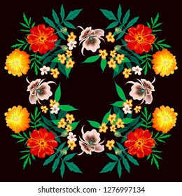Vector floral tsigansky pattern for design scarf, hijab, scarf, bandanas. Calendula flowers, marigolds, taghetis. Bright flowers on a black background.