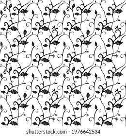 Vector floral two-color black-white pattern of intertwining stems of a stylized tropical plant with decorative leaves for design of textiles, fabric. Isolated on white background