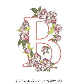 Vector floral uppercase coral letter B, monogram or logo. Uppercase letter B with flowers and leaves isolated on white background. Floral design.