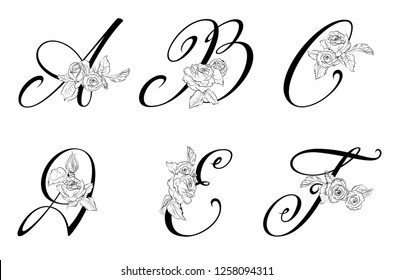Vector floral uppercase letters . Uppercase Letters A, B, C, D, E, F with Flowers . Letters with decorative roses. Floral elements of a wedding card, invitations. Elegant rich modern letters.
